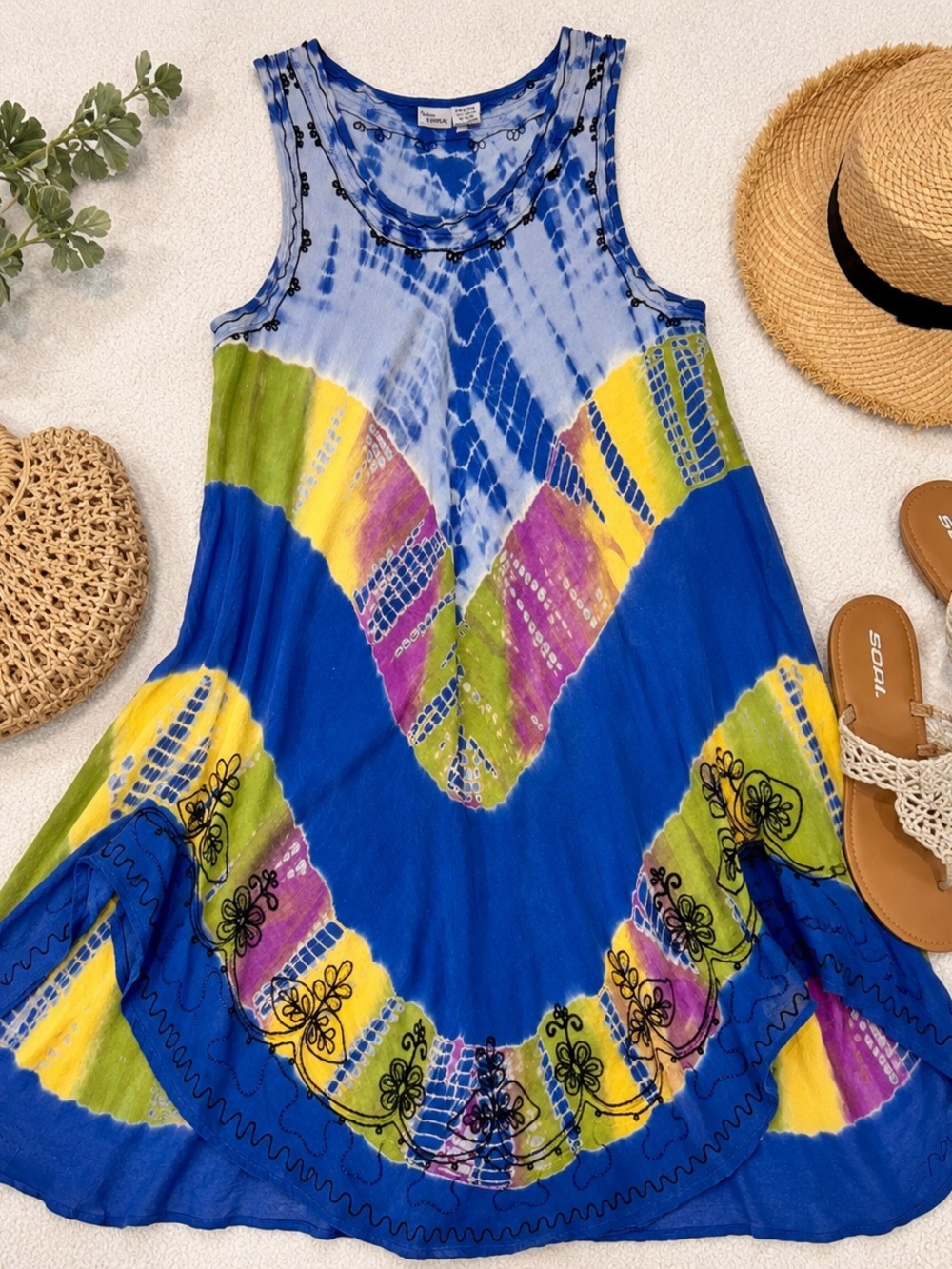Boho Tie Dye Tropical Resort Sundress Rayon Embroidered Midi Dress Free Size D18